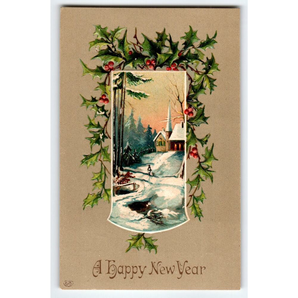 Vintage Embossed New Year Postcard Snowy Church Scene with Holly